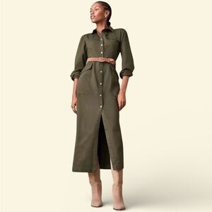 Women's LOFT Long Shirt Dress Size 4P 100% Cotton Olive Green Button-Down Front